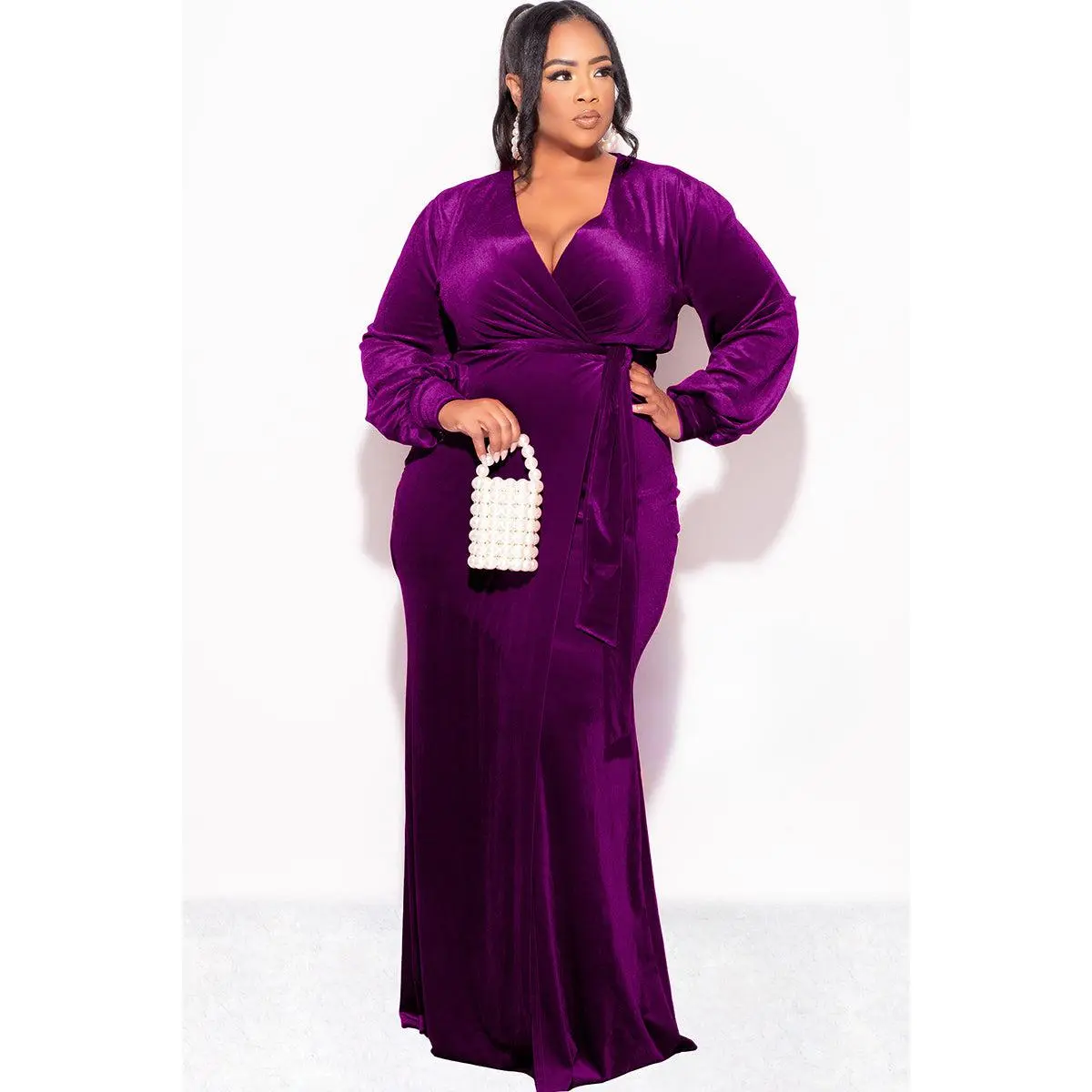 Final Sale Plus Size Faux Wrap Gown with Tie Belt in Eggplant Purple Velvet