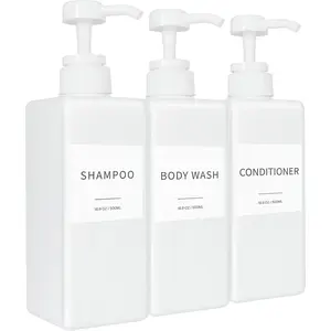 Shampoo and Conditioner Dispenser, Refillable Plastic Shampoo Pump Bottles with Waterproof Labels, Empty Body Wash Dispenser Set for Bathroom, Shower Soap Dispenser