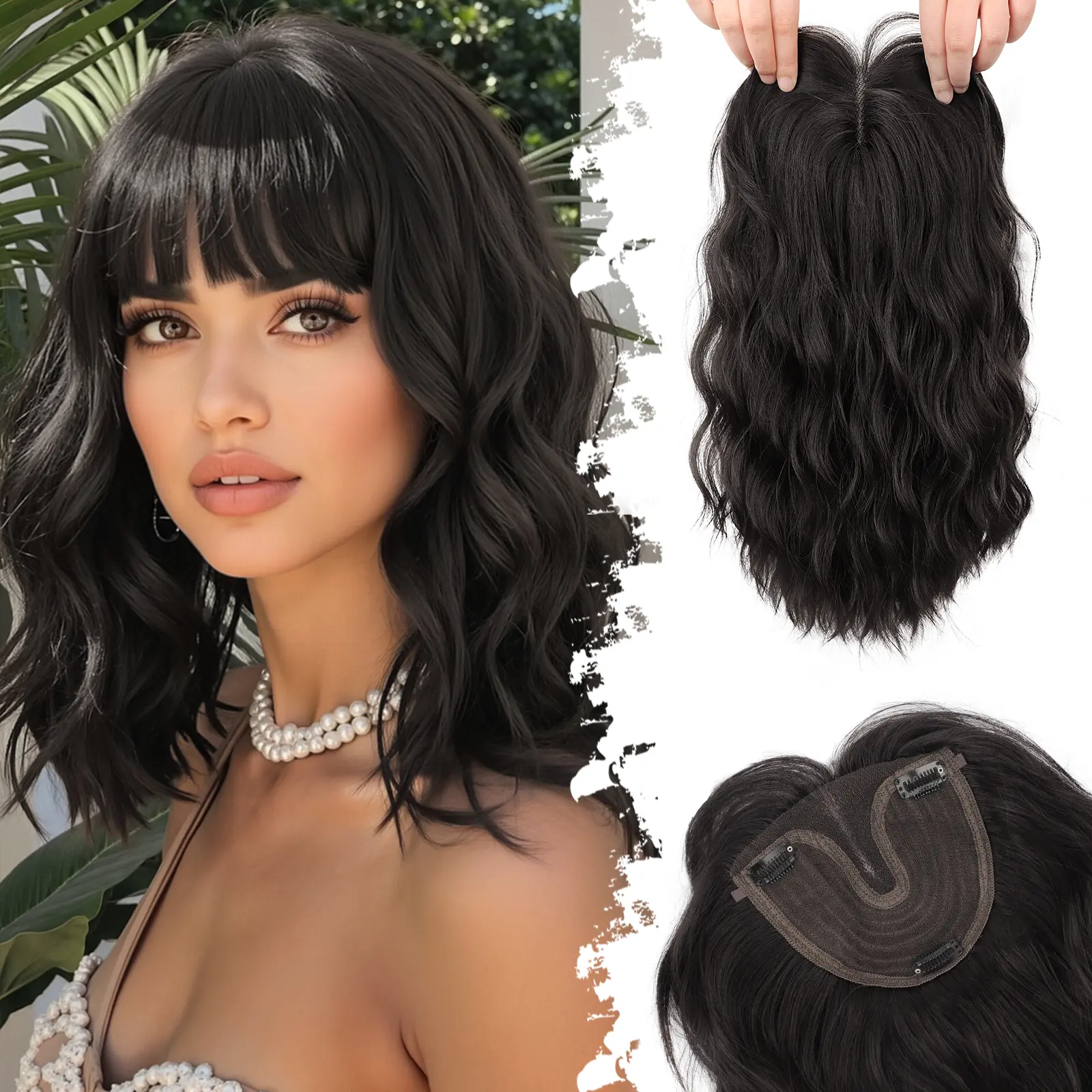 ONLYCUTE Curly Wave Hair Toppers for Women Synthetic 18 inch Hair Topper with Bangs Natural Breathable Invisible Hair Piece for Daily Party Use #summervibes