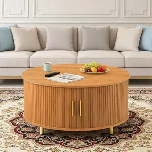 【SummerVibes】DHH 31.5" Round Coffee Table with Hidden Storage, Mid-Century Modern Fluted Center Table with Tambour Sliding Doors & Metal Legs for Living Room outdoorfun
