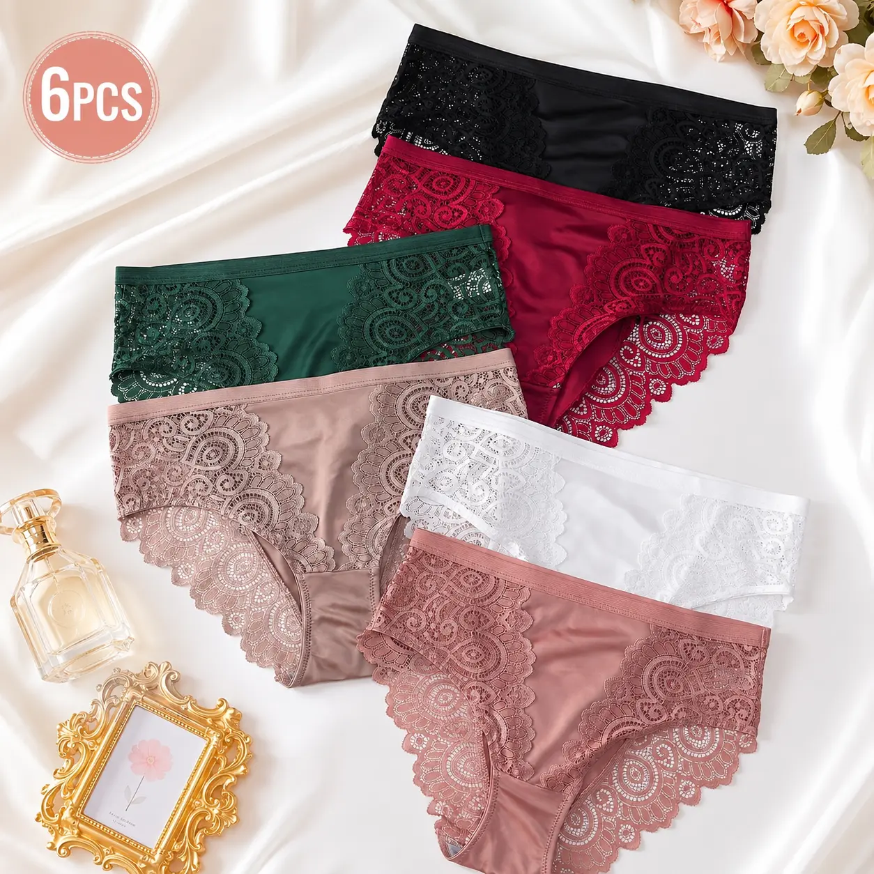 Women's 6pcs Lace Floral Cotton Briefs Set - Basic Comfortable, Breathable, Stretchy, Durable, Seamless Underwear for Adults, Wedding Use with Secure Fit, S-XL