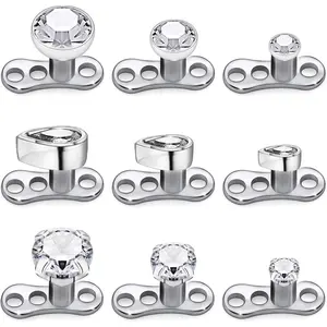 9Pcs 14g Stainless Steel Cubic Zirconia/Opal Dermal Anchor Tops and Base Microdermals for Body Piercing