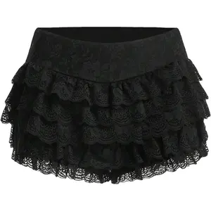 Women's Y2K Lace Ruffle Shorts Tiered Layered Bloomers Elastic Low Waist Micro Shorts