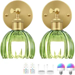 Vintage Battery Operated Wall Sconce, Green Tulip Glass Lampshade Wireless Rechargeable Battery Powered LED Wall Light with Remote Dimmable for Bedside Bedroom Doorway Living Room, Set of 2