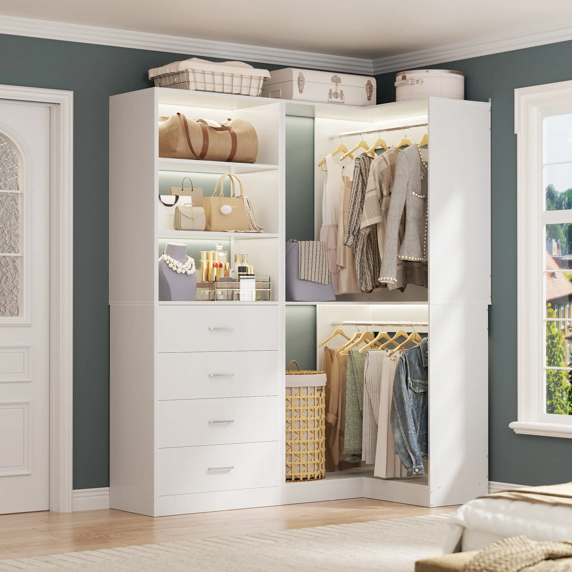53'' W Freestanding Corner Closet System with 4 Wooden Drawers and Hanging Rods, L-Shaped Walk-in Closet Organizer Wardrobe Set with Storage Shelves,dorm essentials,home decor