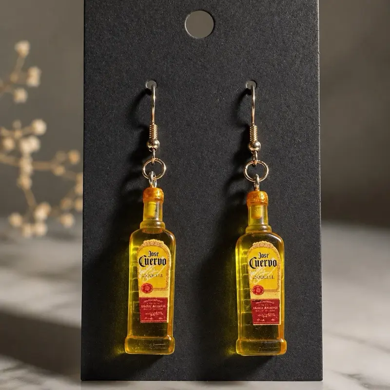 Novelty Resin Tequila Bottle Dangle Earrings with Gold Hooks