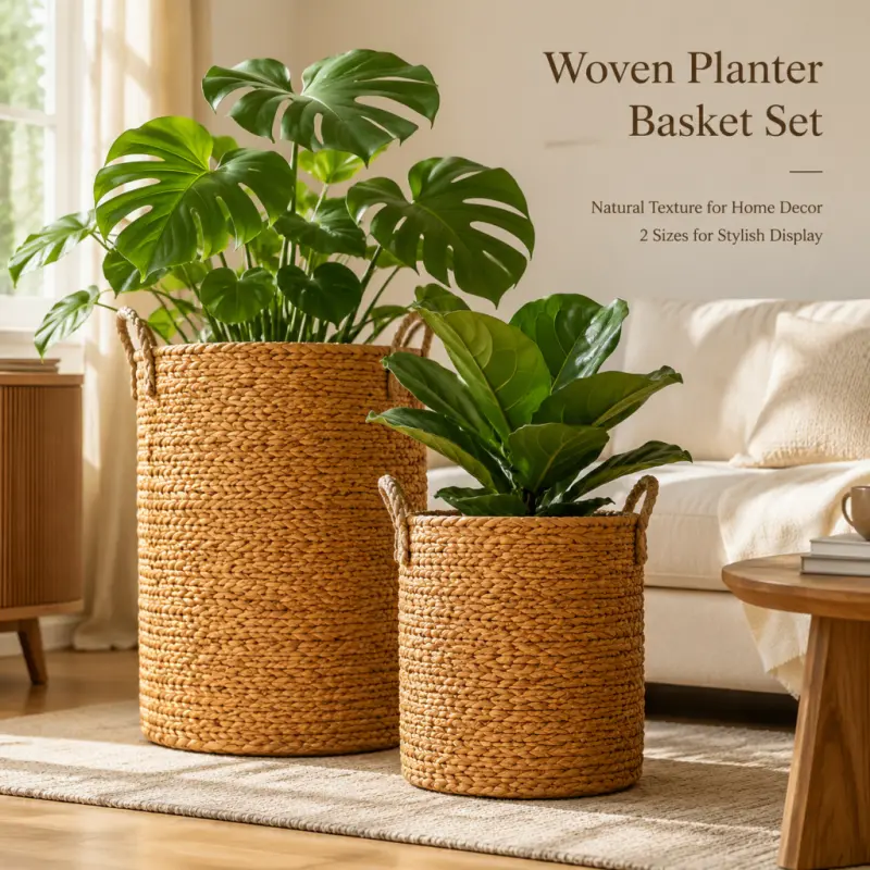 2 Pack  Woven Plant Pot Covers, Handwoven Water Hyacinth Plant Baskets with Handles, Decorative Planter Baskets for Indoor Plants, Fits Most Large Planters, Boho Rustic Style Home & Garden Decor(Small+big)