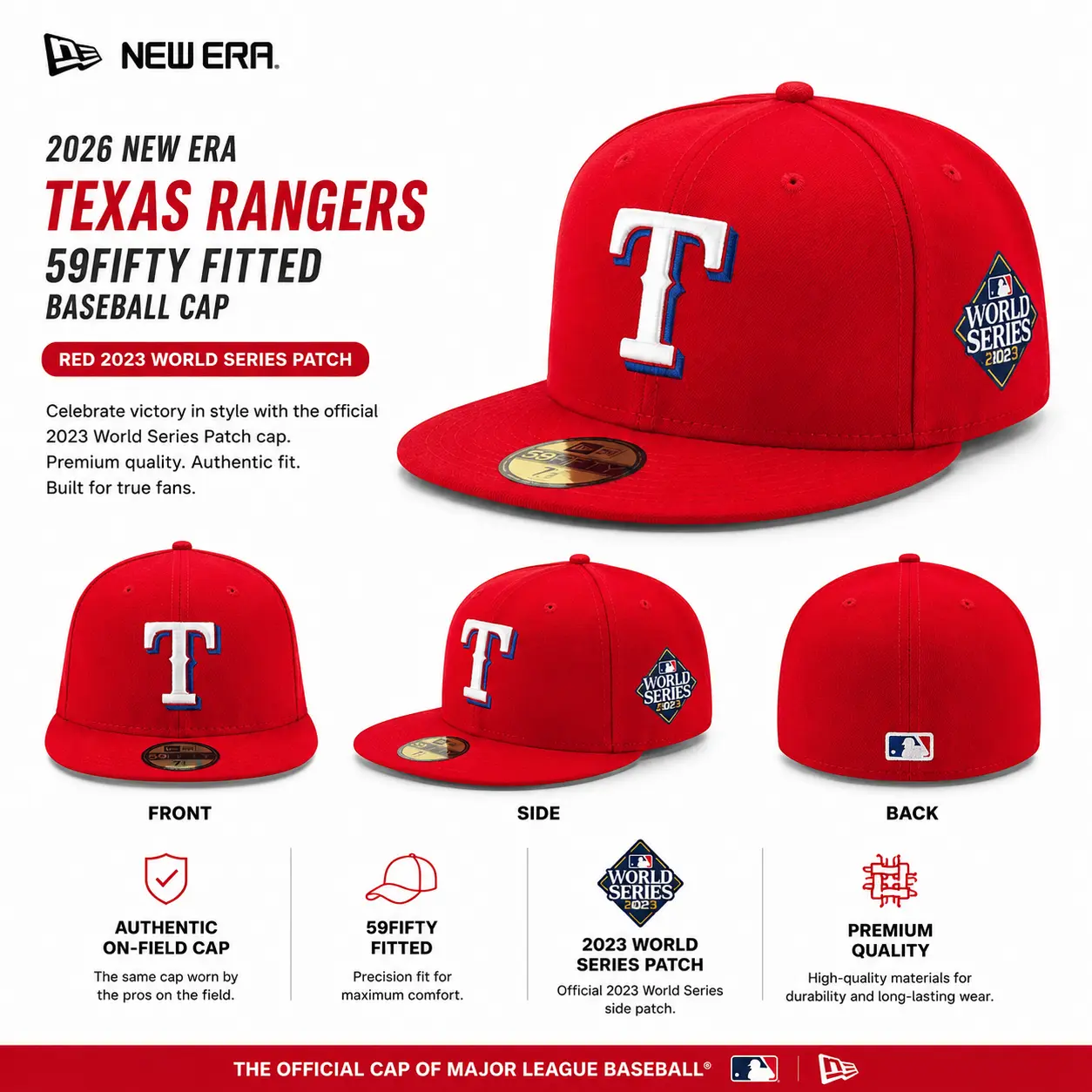 2026 New Era Texas Rangers 59FIFTY Fitted Baseball Cap – RED 2023 World Series Patch