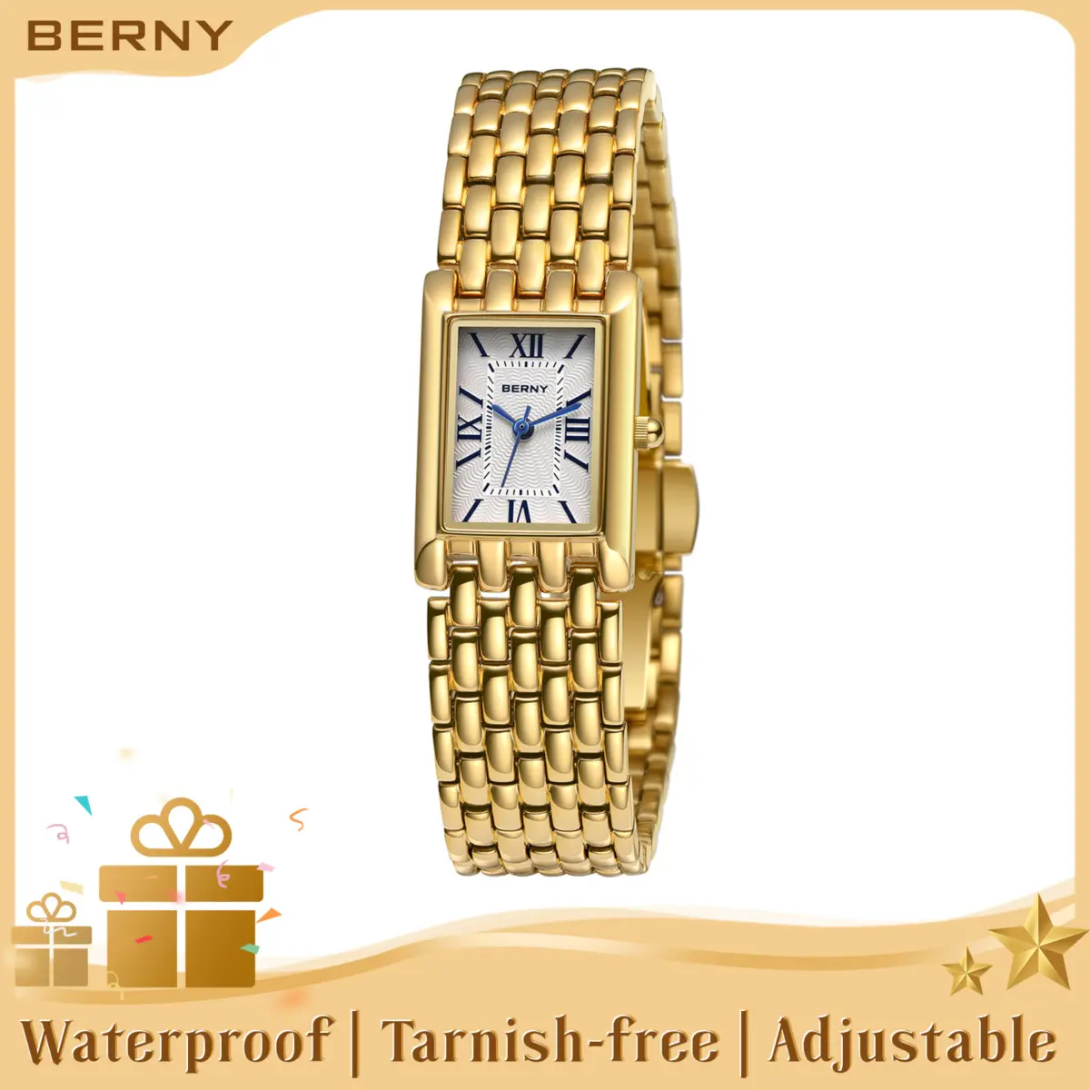 BERNY Gold Watches for Women - Vintage Classic Quartz Watch, Adjustable Stainless Steel Bracelet for Small Wrists, 30M Waterproof, Dainty & Elegant Jewelry Style, Valentine's Gift for Her with Box & Tools, Relojes de Mujer, Fashion Summer Accessories