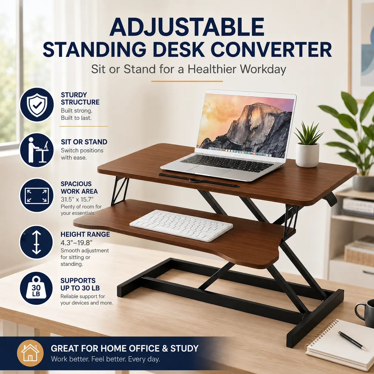 Super Standing Desk Converter Desk Riser Sit Stand Desk 32 Inch Height Adjustable Workstation, Dual Monitor Laptop Stand with Wide Keyboard Tray, Walnut Desktop Riser for Home Office Computer Workstation Table