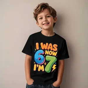 Boys' and Girl's 7th Birthday T-Shirt "I Was 6 Now I'm 7" Number 67 Design With Confetti Round Neck Short Sleeve Party Outfit For 7 Year Boys Summer Milestone Celebration Clothing Machine Washable KD10269456 birthday