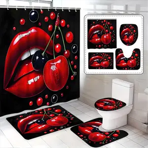 Lip Cherry Bathroom Set, 4-Piece Shower Curtain Set, Includes Bath Mat, Toilet Seat Cover, U-Shaped Pad, Elegant Home Decor Gift, Bathroom Decoration Accessories