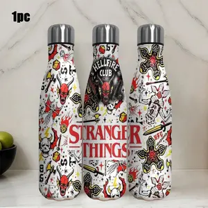 1pc 17.5oz Stranger Things Hellfire Club-themed stainless steel insulated water bottle,-walled Stainless steel water cup with a metallic screw cap, shaped in the classic cola-bottle form.-Reusable Coffee Cup,Leakproof,Christmas,Holiday,Office,Home