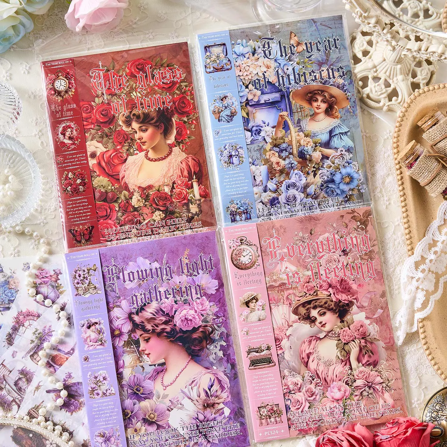 Years and Years Series Stickers 24 Sheets Large Size Character Flower Stickers for DIY Art Crafts Scrapbooking Self Adhesive One Time Use Gift for Family Back to School Decorative Scrapbook Paper