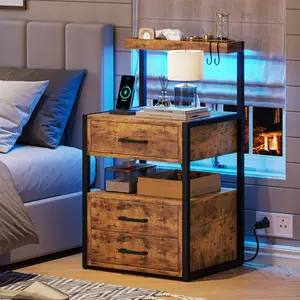 SIKAIC LED Nightstand with 3 Drawers & Charging Station, Brown Wood Bedside Table for Bedroom Storage