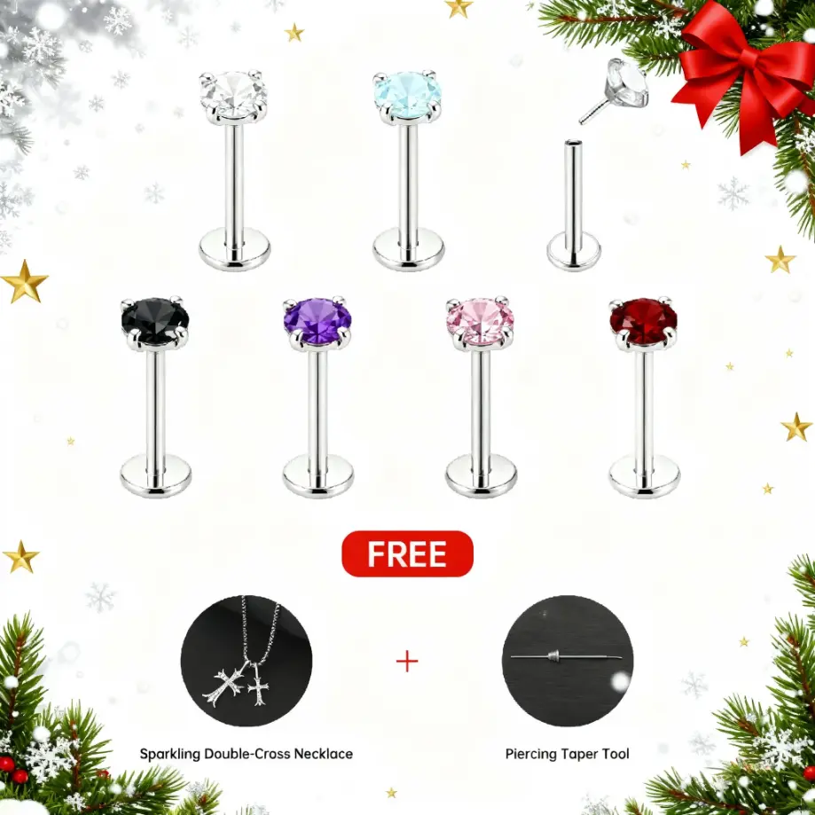 4PCS Titanium Flat Back Nose Studs Set, Threadless Push-In CZ Gems Body Piercing Jewelry, Hypoallergenic Nose Piercing Accessory for Everyday Wear (Women, Men; Nostril, Lip, Helix Use) with Free Gifts