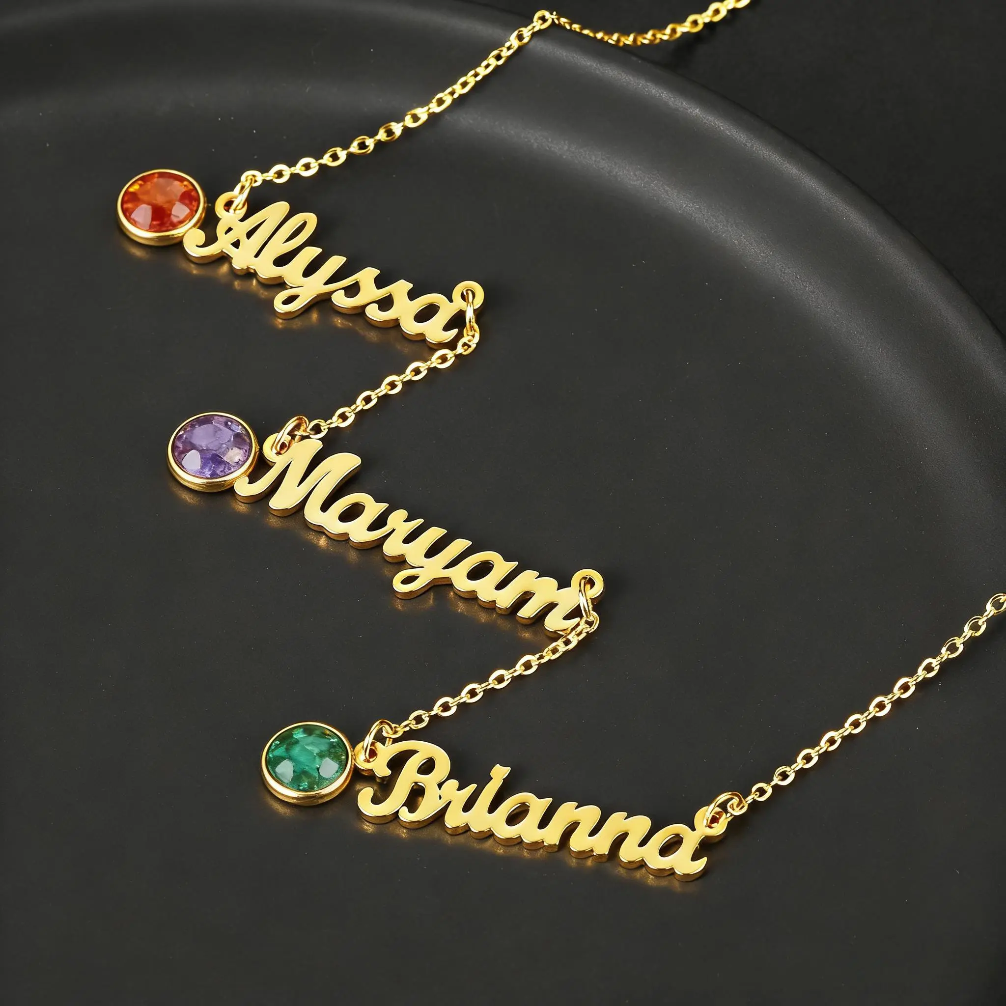 AS205 Name Necklace with Multiple Names and Birthstones, Family Jewelry for Mom, Ideal Birthday Gift for Her, Engraved Necklace, Necklaces For Women