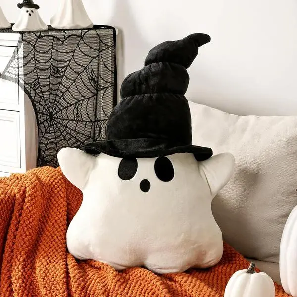 Bunny Chorus Soft Plush Ghost Print Halloween Throw Pillow, Cute White Ghost with Black Hat Stuffed Cushion for Halloween Fun, Indoor Decor, Living Room Sofa Kids’ Bed Office Couch