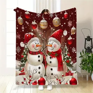 Contemporary Flannel Christmas Snowman Throw Blanket - Soft, Warm, Machine Washable, Digital Print Cartoon Themed, Multipurpose Use for Sofa, Bed