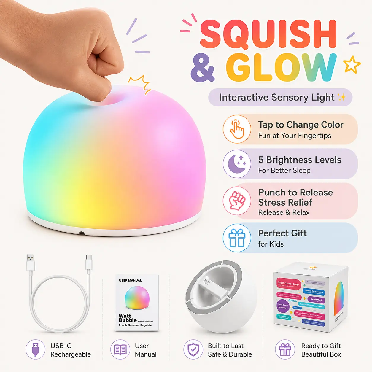 WattBubble LED Sensory Squishy Toy for Kids | Rechargeable Tap Night Light | Stress Relief Fidget Toy | Kids Calm Down Toy | BPA-Free Silicone Gift