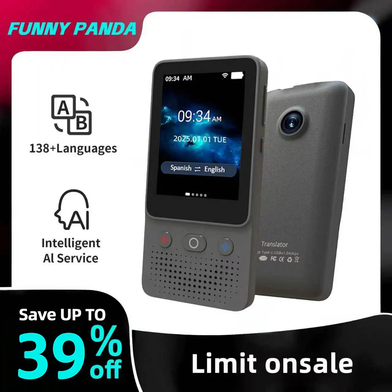 FunnyPanda AI Language Touchscreen Translator Device 138+ Languages Real-Time Voice Photo Translation Offline Mode Touchscreen Tech Gadgets Rechargeable Mic Language Learners for Voice Dialogue Translation for Travel, Meetings, Immigration, Study Abroad D