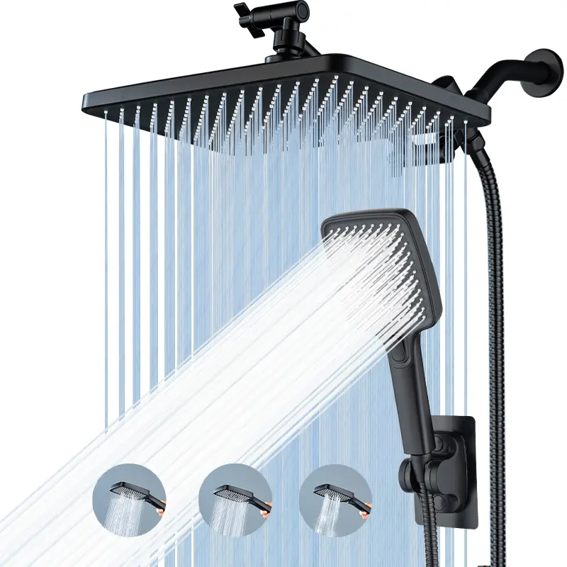 11.8in Adjustable Rain Shower Head Combo, New Upgraded Dual Showerhead with 3-Mode Handheld Spray, 9.65in Extension Arm, 59in Hose, Holder, 3-Way Water Switch, Leak-Proof Washer, Teflon Tape, ABS Material, Adjustable Shower Head