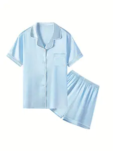 Kids Light Blue Satin 2 Piece Pajama Set Short Sleeve Button Down Sleepwear for Boys & Girls, Ideal Kids Girl Stuff & Kids Stuff, Cute Teen Girl Clothes, Soft Comfy PJs 5-14Y