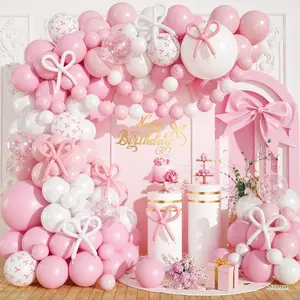 Pink Balloon Arch Garland Kit, 120 PCS Pastel Pink Matte White Latex Balloons with Bow Printed Party Balloons for Wedding Bridal Baby Shower Bachelorette Girls Women Themed Party Decorations