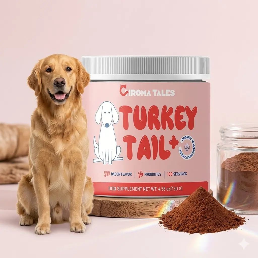CHROMATALES Turkey Tail+ Grain-Free Dog Food Topper - Bacon Flavor, Immune & Gut Support Supplement for Dogs, Natural Allergy Relief, Lipoma Support, Probiotics & Antioxidants, All Life Stages, 100 Servings