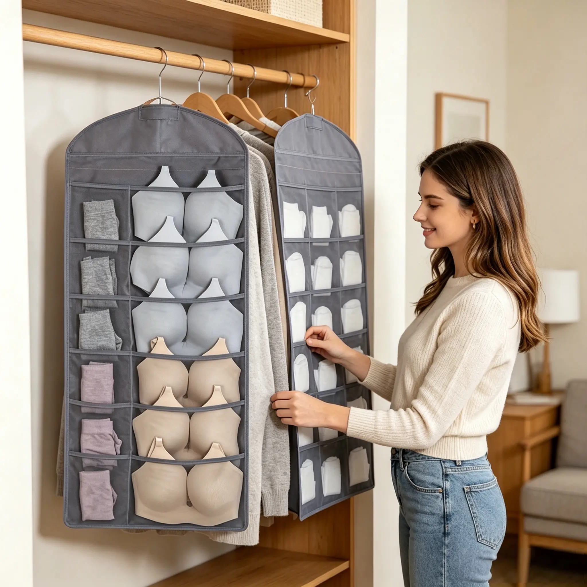 4pcs Double-Sided Underwear Storage Bag, Basket Storage Bag, A Multifunctional Lingerie Packing Bag, Hanging Organizer for Bras And Socks, Space-Saving Dresser Or Travel Storage Solution, for Clothes, Storage Shelves, Back to School Use