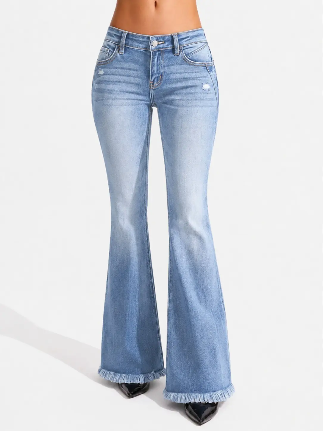 Women's Light Blue Vintage Faded Wash Super Stretch High-Waist Jeans - Small Knee Distressed Ripped Holes, Vertical Leg Split Seam, Frayed Raw Hem, Figure-Flattering, Butt-Lifting Bell Bottom Denim Trousers, Retro Cowgirl Y2K Casual Pants, Womenswear