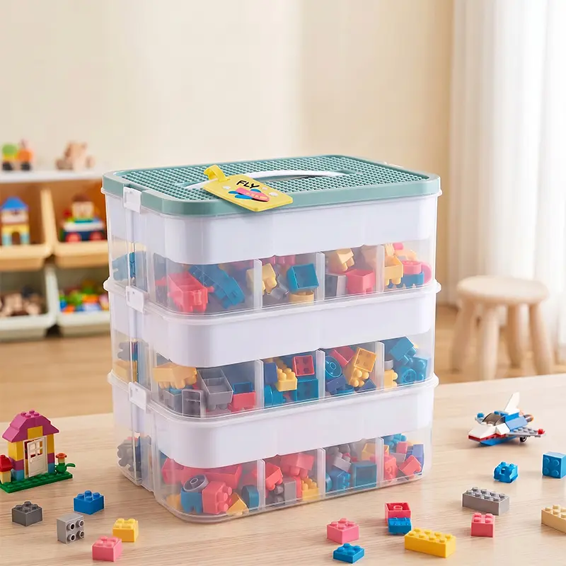 3-layer Building blocks storage box,Stackable toy storage box with lid, includes base plate game box, multi-compartment plastic sorting container, suitable for board games, blocks, and handicrafts,Organizer
