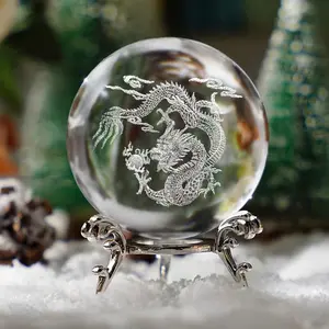 3D Dragon Crystal Ball with Metal Base, 2.3 Inch Transparent Glass, Beautiful Dragon Design, Crystal Carvings, Valentine's Day Gift, Home Decor