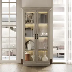 FUFU&GAGA Industrial Display Cabinet with Lights Bookcase Display Case Cabinet with 2 Glass Doors & 4-Tier Shelves for Collectibles Grey Wood Grain 18.5" D x 37" W x 69.3" H