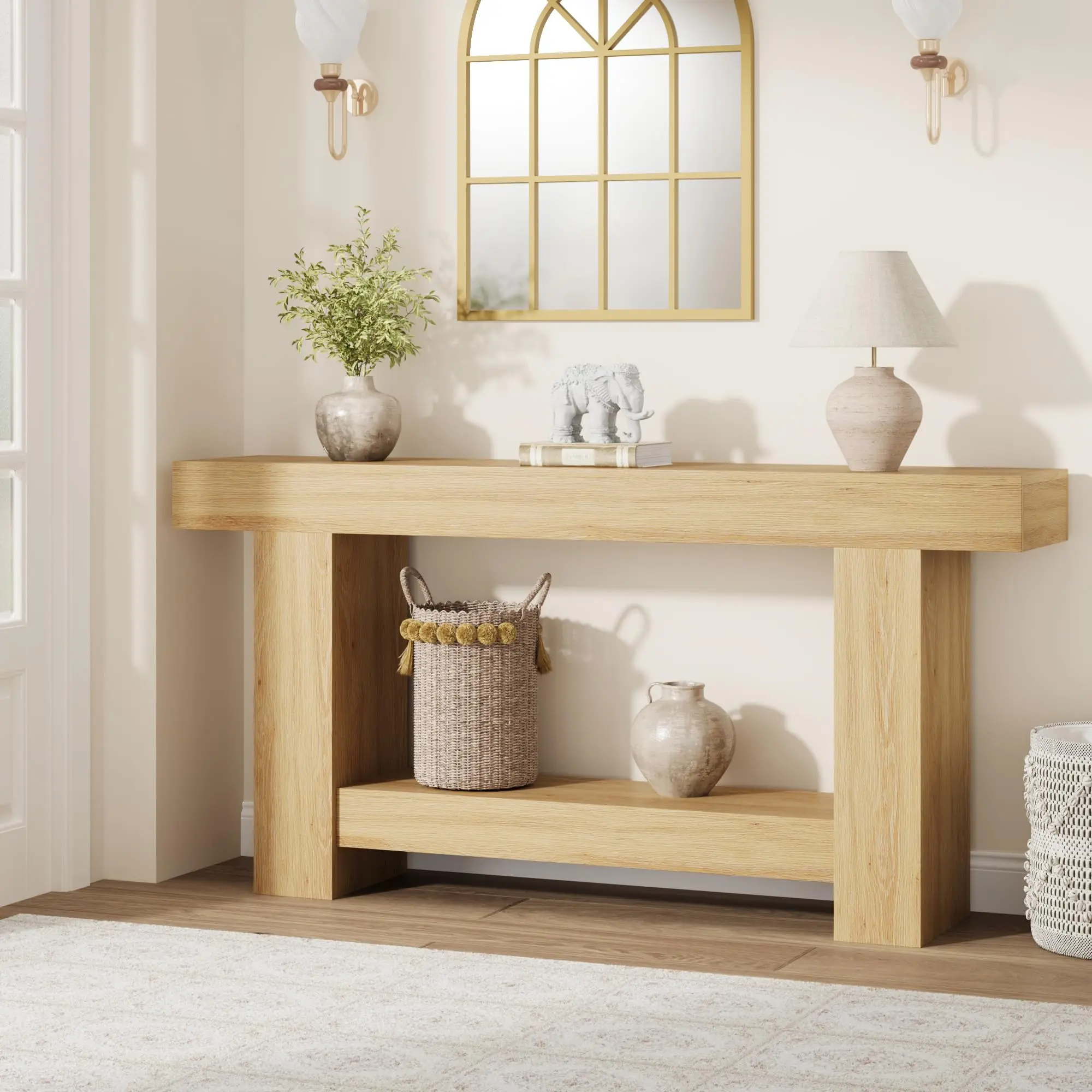 63/47.2 Inches Farmhouse Console Table, 2-Tier Entryway Table with h-Shaped Base, Mothersday Gift Narrow Entry Table Long Sofa Table Wood Hallway Accent Table for Entrance, Hallway, Living Room Rectangular Tabletop,dorm essentials,home decor