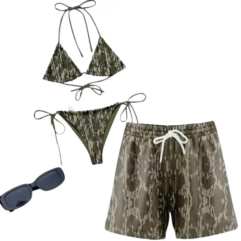 Matching Bottomland Camo Couple Swimwear Set – His & Hers Camo Bikini & Beach Shorts, Outdoor Summer Swimsuit Gift