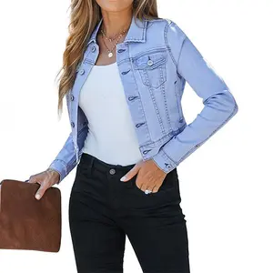 Luvamia Cropped Jean Jackets for Women Fashion Short Denim Shacket Jacket Lightweight Fitted Stretchy with Pockets Casual Long Sleeve Outerwear
