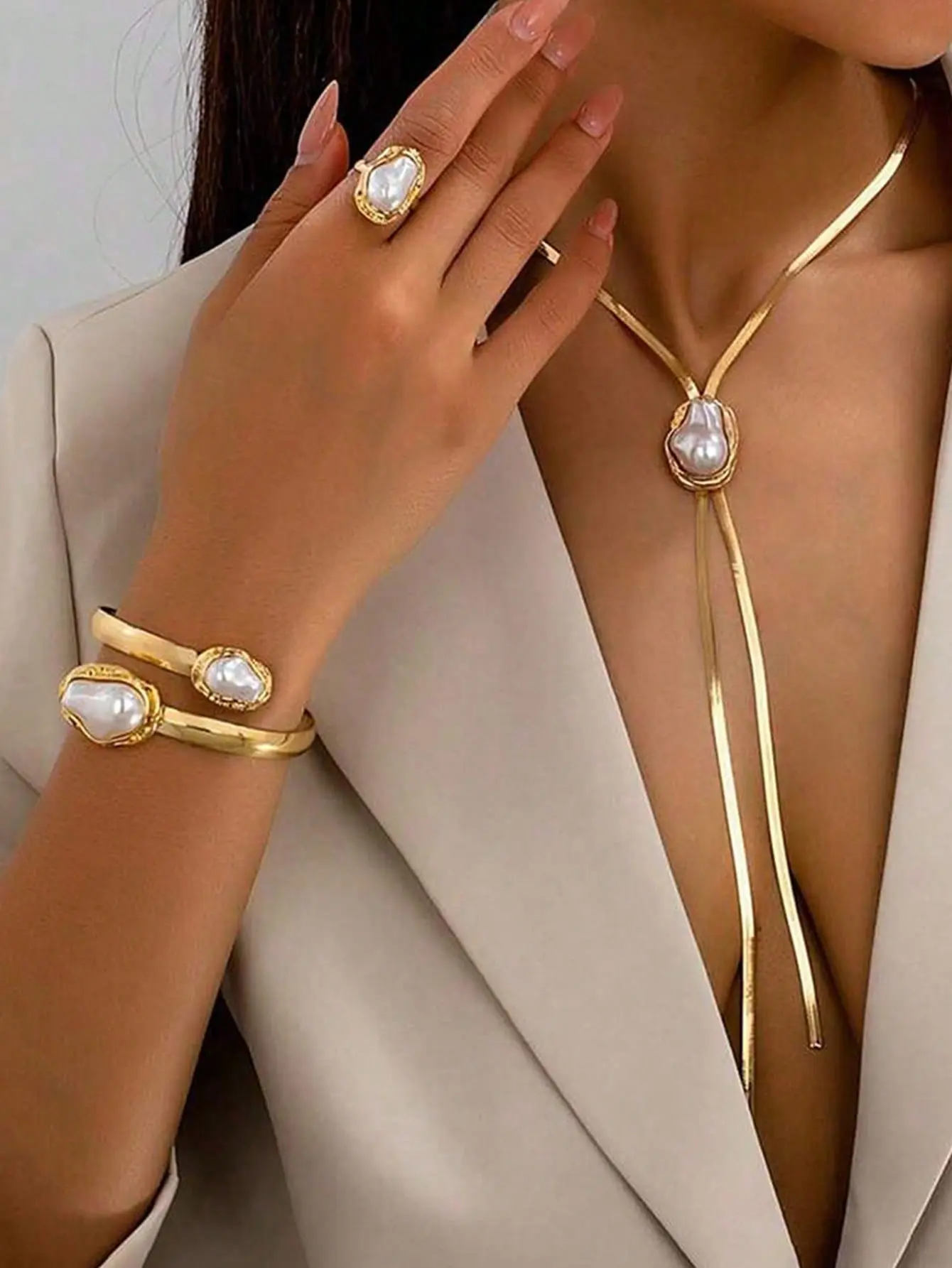 Women's 3-Pcs Anti-Tarnish Gold Tone Alloy Jewelry Set - Female Gold Aesthetic Baroque Pearl Hammered Design, Herringbone Lariat Necklace, Open Bangle, Ring, Stackable Bracelet Stacking Jewelry for Daily, Wedding, Birthday Gift