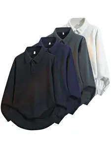 CCCMAI Men's Regular Fit Casual Comfy Long Sleeve Half Button Turn-Down Collar Polo Shirt for Spring Fall Breathable Fashion Solid Tops Menswear Plain