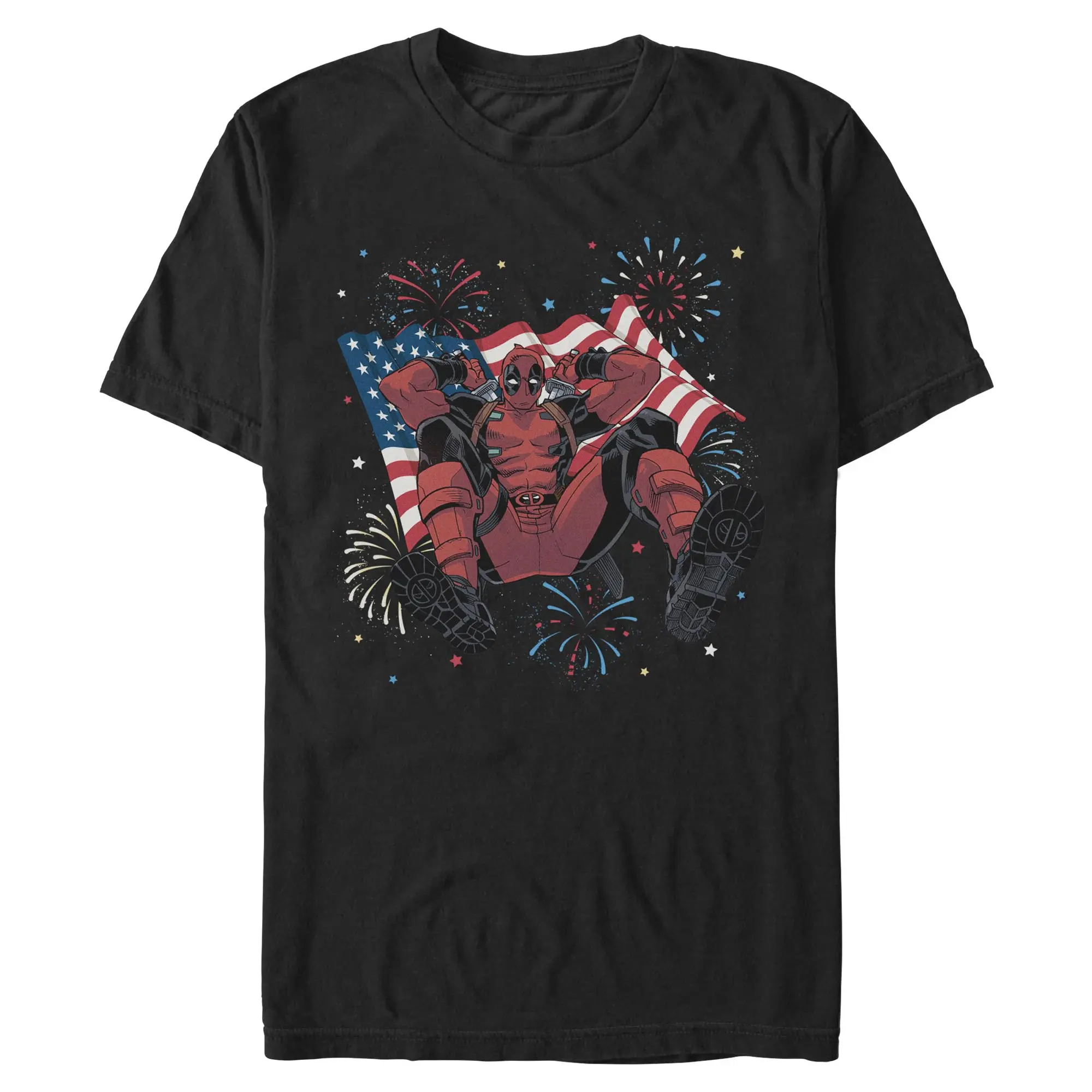 Men's Funny Graphic T-Shirt, Marvel Deadpool Patriot Fireworks Print