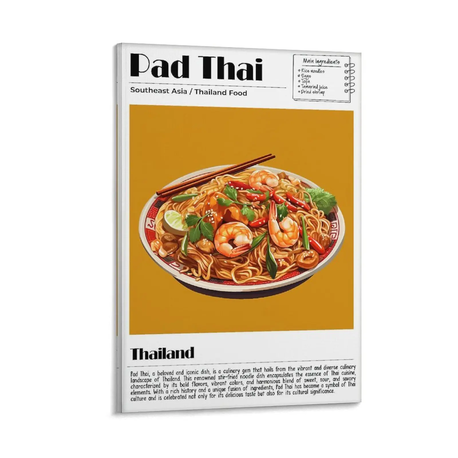 Pad Thai Poster, Thailand Food Print, Modern Kitchen Wall Art, Chef Decor, Pad Thai Recipe, Food Poster for Kitchen Walls Poster Canvas Wall Art For Bedroom Decor Bar Office Room Decor Gift