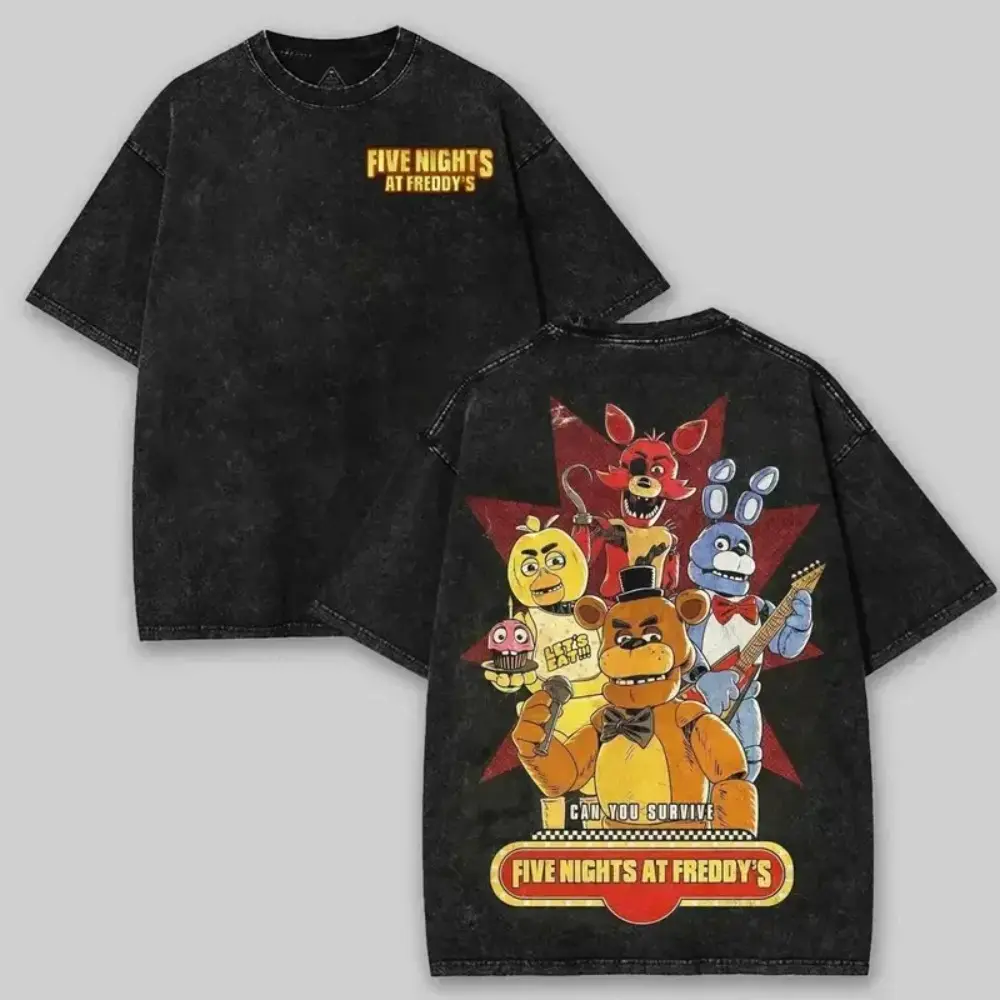 Women's Vintage Washed Black 5 Nights at Freddy's FNAF Printed Shortleeve T-Shirt - Retro Horror Game Style, Casual Crew Neck, Loose Streetwear Fit, Comfortable Everyday Piece, Exclusive Gift for Game Enthusiasts, Shortsleeve, Round Neck, Top, Game-Themed