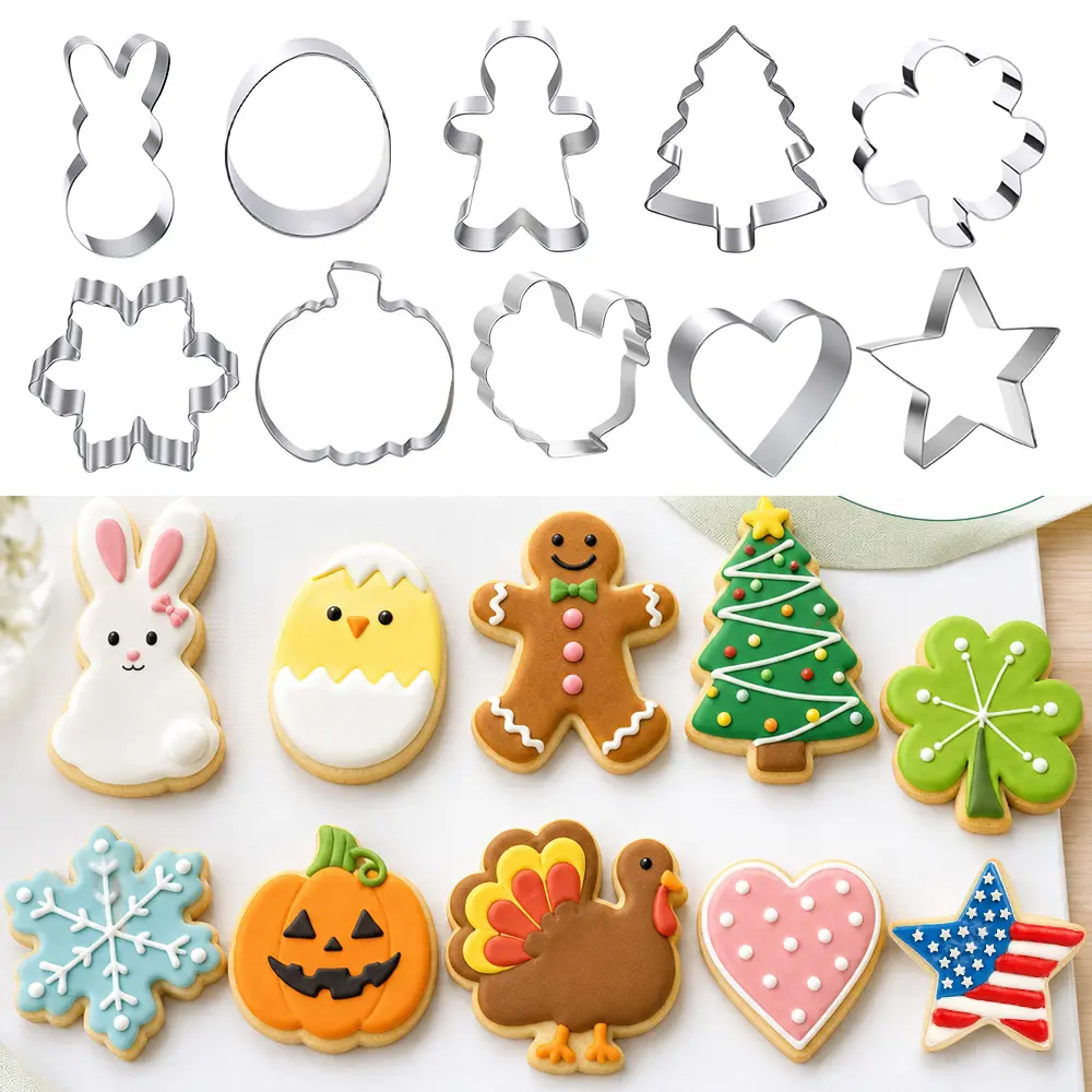 10pcs Christmas Bakeware Metal Cutters Set - Holiday Baking Hand Tool Accessories with Christmas Tree, Gingerbread Man, Snowflake, Egg, Rabbit Molds