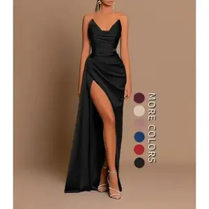 Socialite Style And Sexy Slim Fit Deep V-waist Satin Slit Dress For Women Formal Womenswear Workwear Basic（gift）