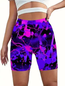 Plus-size women's high-waisted yoga shorts in purple with a splatter-paint design, suitable for gym, training, sports, and casual wear. Made from high-quality, comfortable, elastic fabric, suitable for all seasons