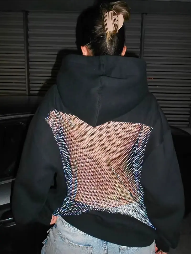 Hooded Harajuku Sweatshirt Women Autumn Trend Backless Shinythrea Mesh Patchwork Casual Street Hipster Pulloverr