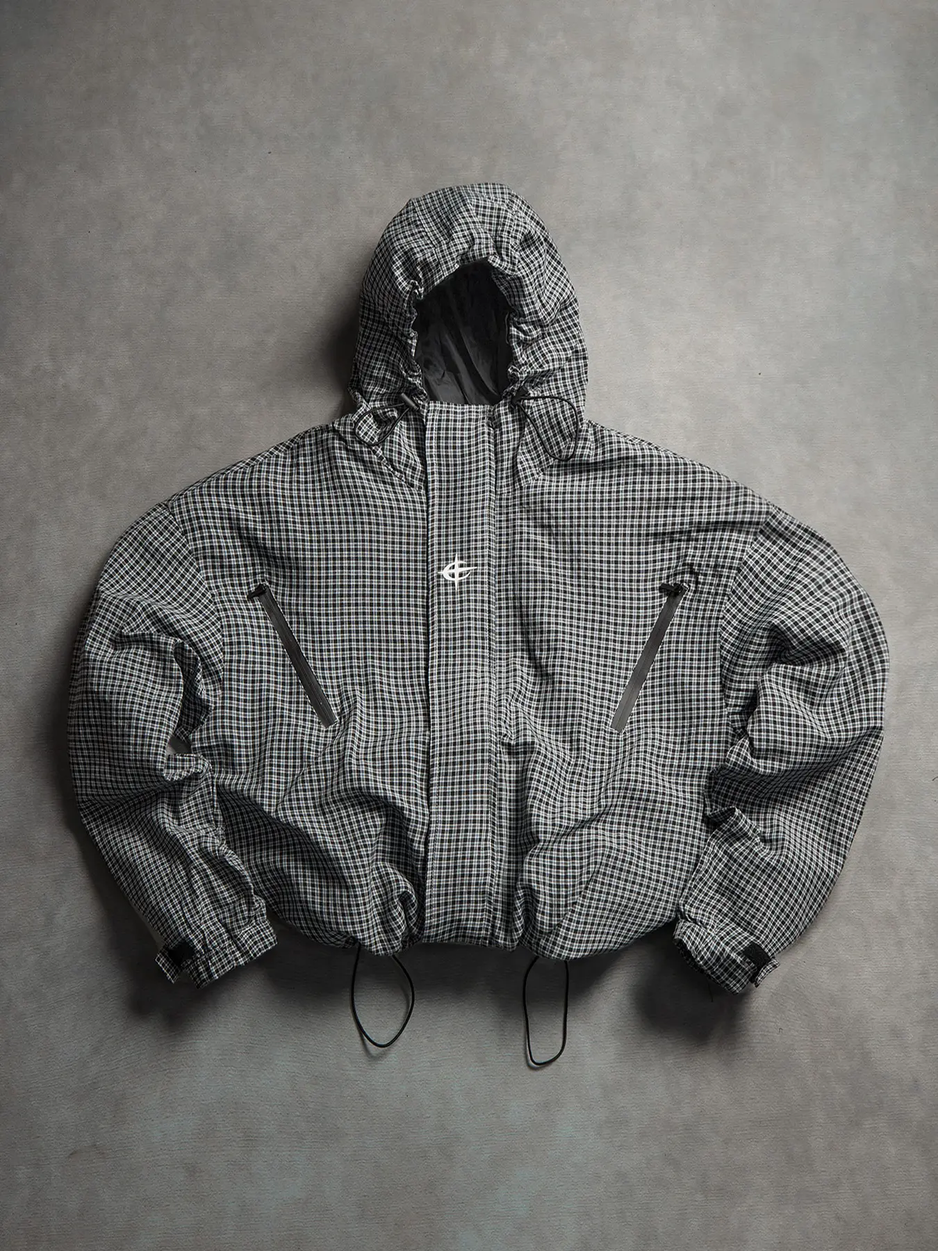 Plaid hooded windbreaker jacket, unisex lightweight streetwear zip-up jacket, loose casual outdoor shell jacket with adjustable drawstring hem, techwear functional windproof outerwear