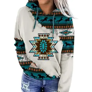 Women's Geometric Horse Print Aztec Hoodie Pullover Cowgirl Western Ethnic Rhombus Printed Hooded Sweatshirt