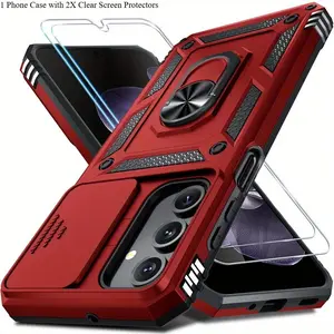 3 PCS [1 Phone Case with 2X Clear Screen Protectors] Shockproof Case For Samsung Galaxy A14 A16 A34 A54 4G/5G A55 A56 Slide Camera Lens Protection Ring Stand Phone Cover Casing