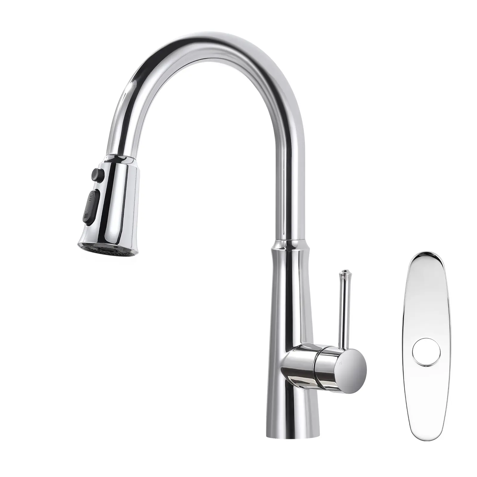 WOWOW Polished Chrome Durable Steel Single-Handle Pull-Out High Arc Kitchen Faucet with 3-Mode Sprayer, Curved Arch Design, Faucet Sprayer Attachment, Pre-Assembled Deck Plate, Pull Out Faucet
